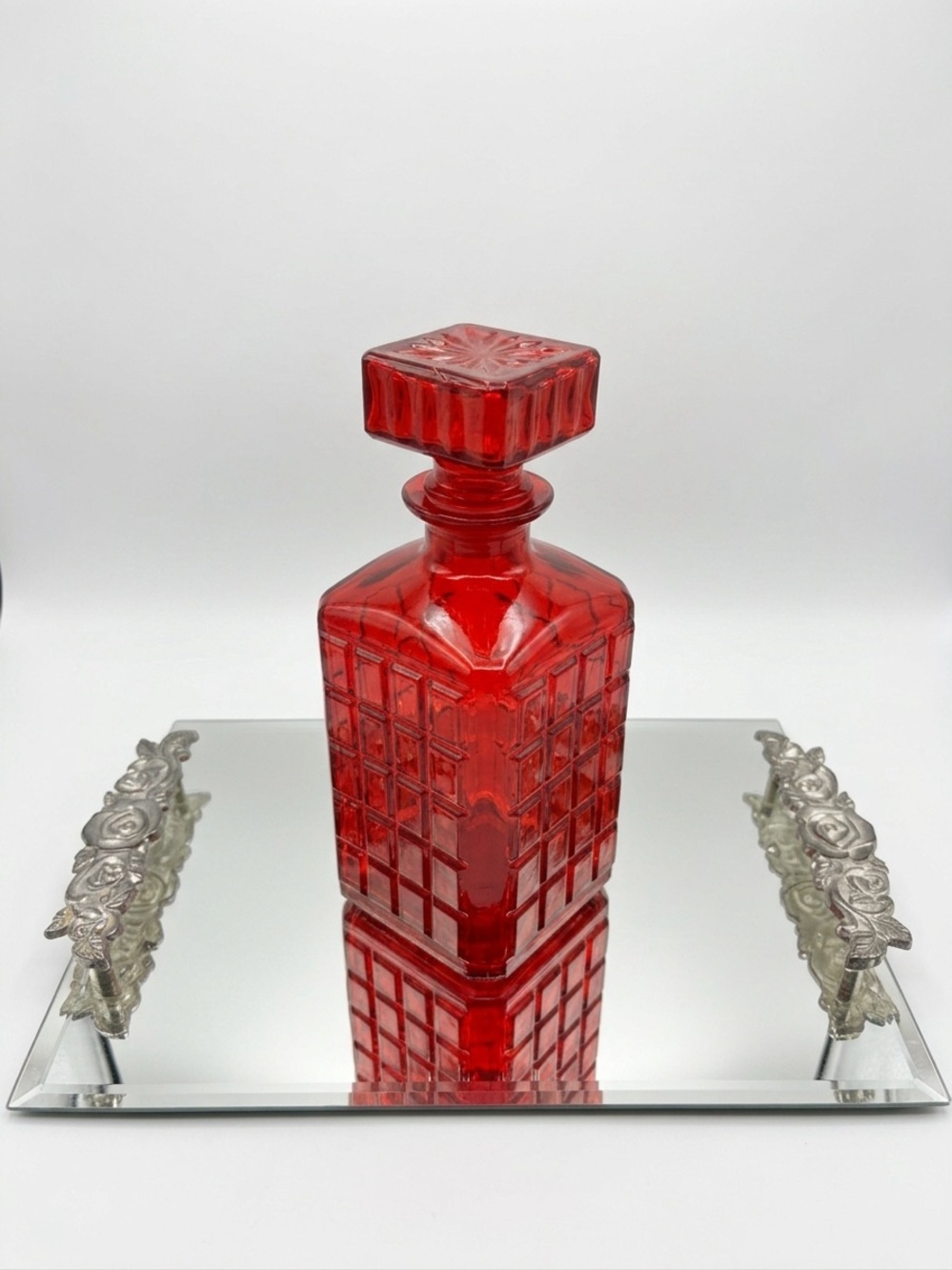 Vintage Mid-Century Modern Square Red Glass Decanter with Geometric Grid Pattern